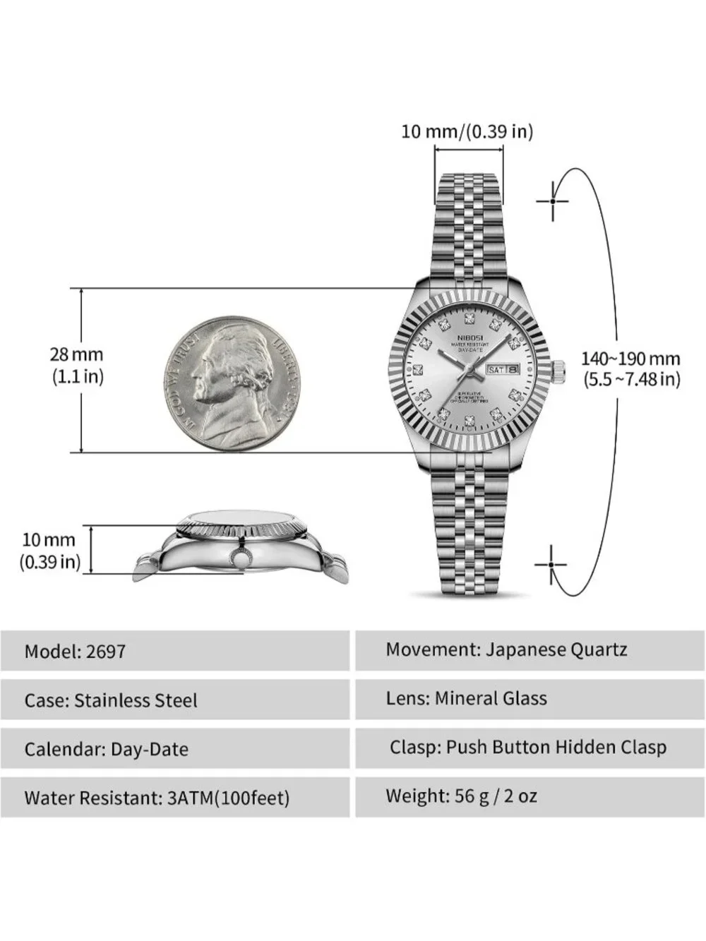 Women's All Silver Waterproof Luminous, Dainty Luxury Diamond Dial Ladies Watch